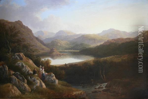 An Extensive Mountainous Landscape With Figures In The Foreground, Possibly A View In The Lake District Oil Painting - John Knox