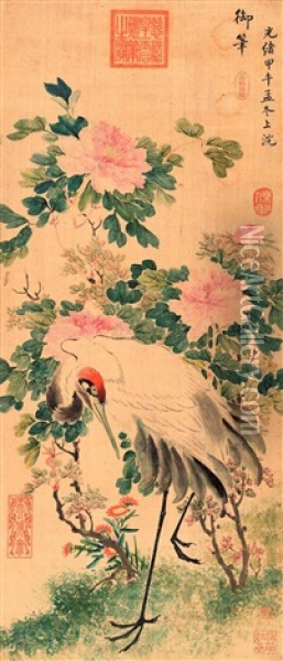 Peony And Crane Oil Painting -  Empress Dowager Cixi