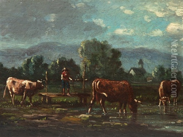 Cows By The River, Norway Oil Painting - Gunnar Berg