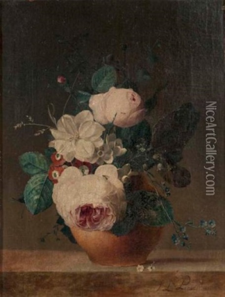 Bouquet De Roses, Muguet, Myosotis, Aubepine Dans Un Vase Sur Un Entablement Oil Painting - Jean Louis Prevost