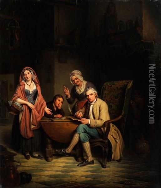 Die Unterrichtsstunde Im Familienkreis Oil Painting - Jean-Henri Decoene