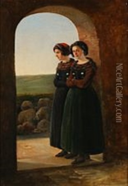 Two Girls In Folk Costumes From Fohr Oil Painting - Christian Andreas Schleisner