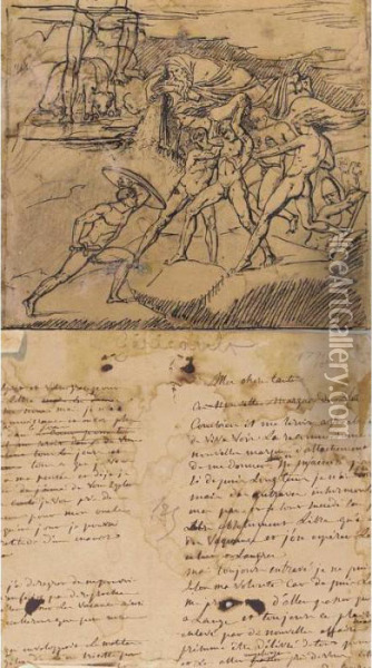 Sketch For A Battle Scene With A Letter From The Artist On Reverse Oil Painting - Theodore Gericault