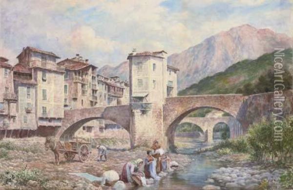 Washerwomen On The River Onya, Gerona, Spain Oil Painting - Arthur Trevor Haddon