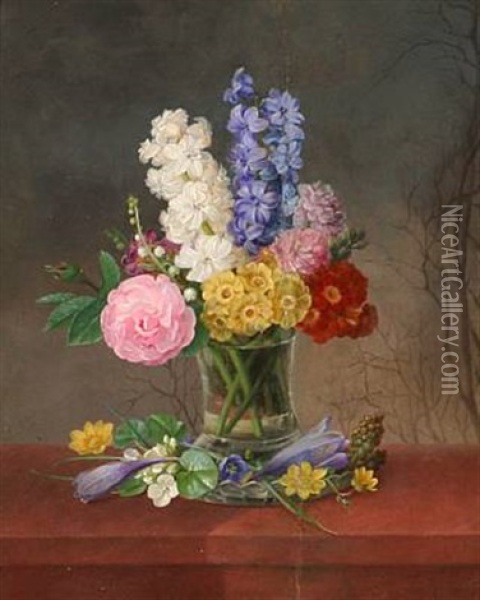 A Vase With Roses, Lilies Of The Valley, Hyacinths, Crocuses And Buttercups And Other Flowers Oil Painting - Johannes Ludwig Camradt