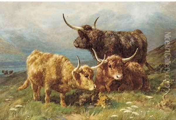 Highland cattle in a mountainous landscape; and Highland cattle with a calf Oil Painting - William Watson