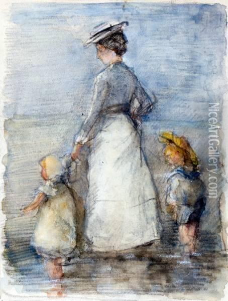 Vrouw Met Kindjes Aan Zee Oil Painting - Johan Antonio de Jonge