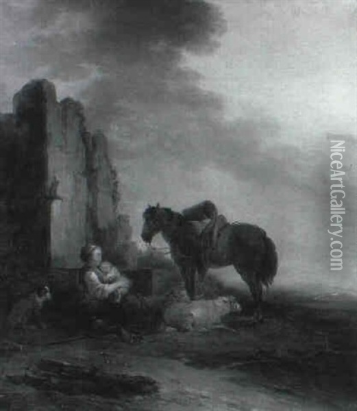 Bergere Et Son Enfant Se Reposant Pres Des Ruines Oil Painting - Jean-Baptiste Leprince