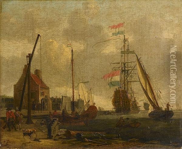 A Dutch Man O'war And Other 
Vessels Off A Fortified Harbour With Canon And Soldiers On The Quayside 
In The Foreground Oil Painting - Abraham Storck