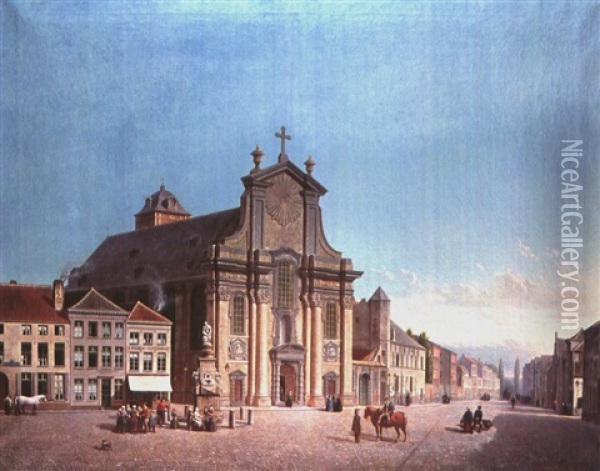 Stadtansicht Mit Kirche Sowie Brunnenstatue Und Figurenstaffage Oil Painting - Joseph Ignaz van Hoy