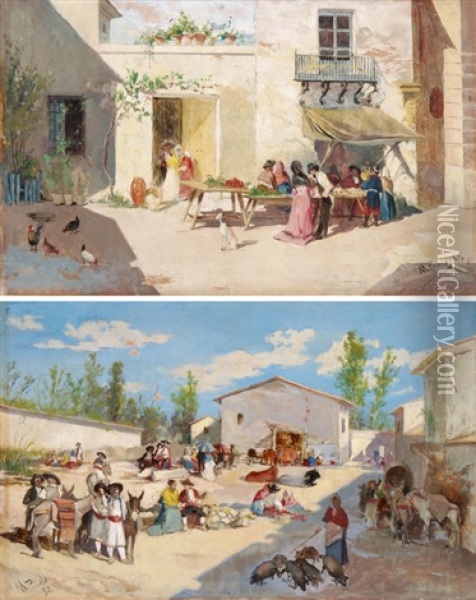 Gegenstucke Mercado De Valencia Und Pareja, Place De Ariella (pair) Oil Painting - Manuel Picolo Y Lopez