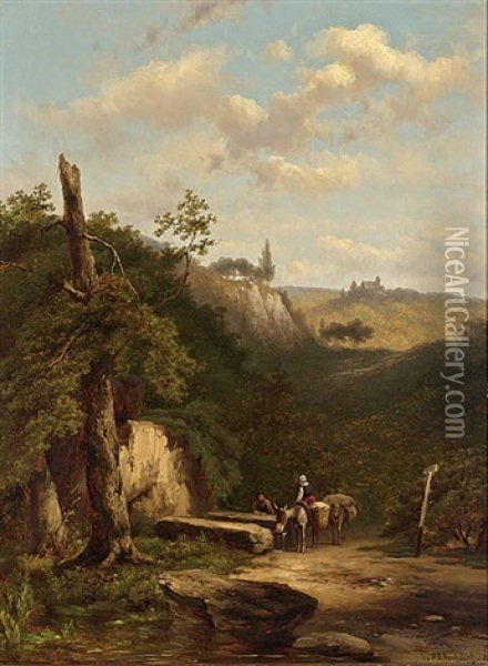 Resting Travellers In A Wooded Landscape Oil Painting - Johannes Hermanus Barend Koekkoek