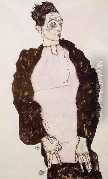 Self Portrait In Lavender And Dark Suit Standing Oil Painting - Egon Schiele