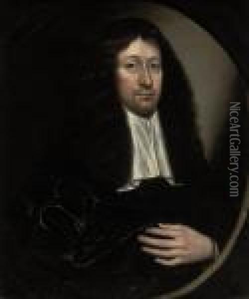 Portrait Of A Gentleman 
Traditionally Identified As Andrew Marvell (1621-1678), Bust-length, In A
 Brown Coat And White Cravat, In A Feigned Oval Oil Painting - Sir Peter Lely