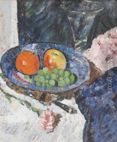 Still Life With Bowl Of Fruit, Glass And Carnation Oil Painting - George Leslie Hunter