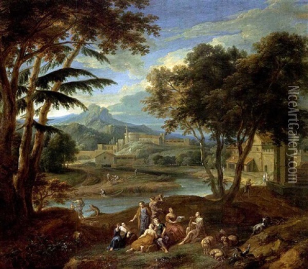 A Classical Landscape With Figures Making Music In The Foreground And Fishermen Near A Stream, A Village In The Background Oil Painting - Pieter Rysbraeck