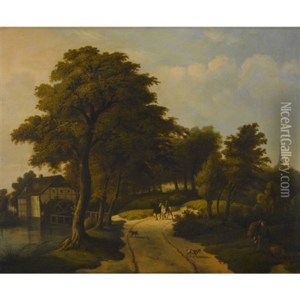 Landschaft Mit Muhle Und Reiterpaar Oil Painting - Meindert Hobbema