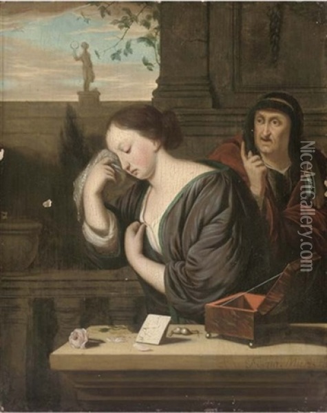 A Woman Weeping On A Balcony, With A Peasant Woman Behind Her Oil Painting - Frans van Mieris the Elder