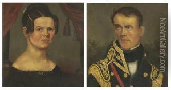 Pair Of Wedding Portraits Of Colonel Butterfield And His Wife Octavia. Oil Painting - Asahel Lynde Powers
