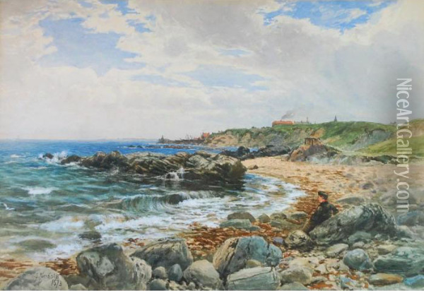 'isle Of Arran' Beach Scene With Boy Seated On Rocks Oil Painting - John Nesbitt