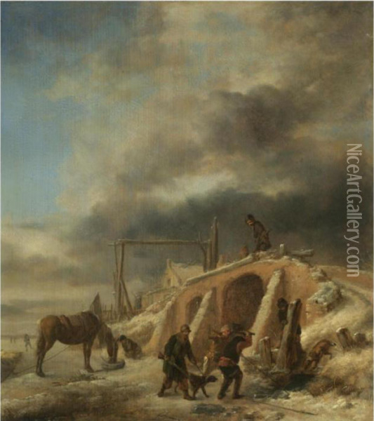 A Winter Landscape, With Figures By A Bridge Over A Frozenstream Oil Painting - Pieter Wouwermans or Wouwerman