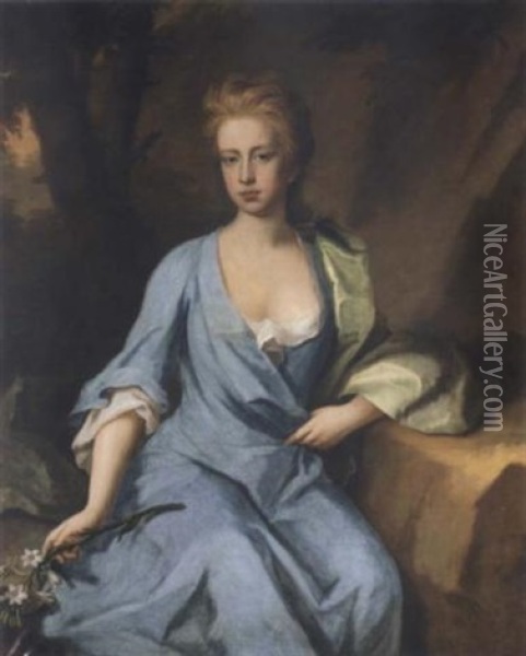 Portrait Of Miss Campbell, (daughter Of Archibald Campbell, 1st Duke Of Argyll?) Seated In A Landscape, Wearing A Blue Dress, Holding A Flower Cutting In Her Right Hand Oil Painting - Michael Dahl