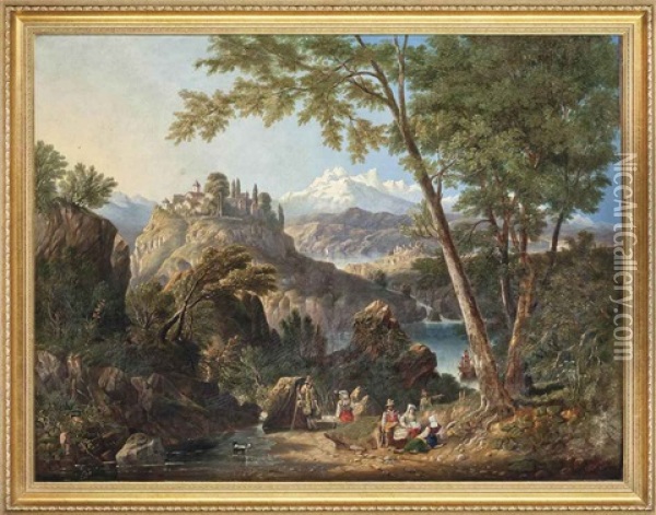 A Mountainous River Landscape With Travellers In The Foreground And A Village Beyond Oil Painting - John Wilson Carmichael