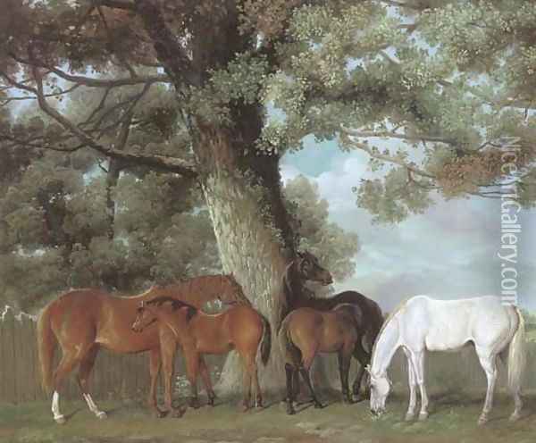 Mares and foals beneath a large oak tree Oil Painting - George Townley Stubbs