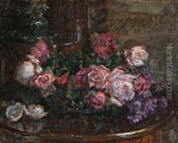 Still Life With Roses On A Table Top Oil Painting - Viggo Johansen