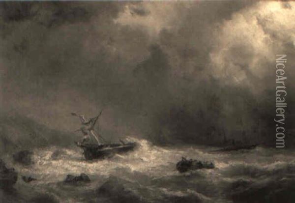 A Shipwreck In Stormy Weather Oil Painting - Albert Jurardus van Prooijen