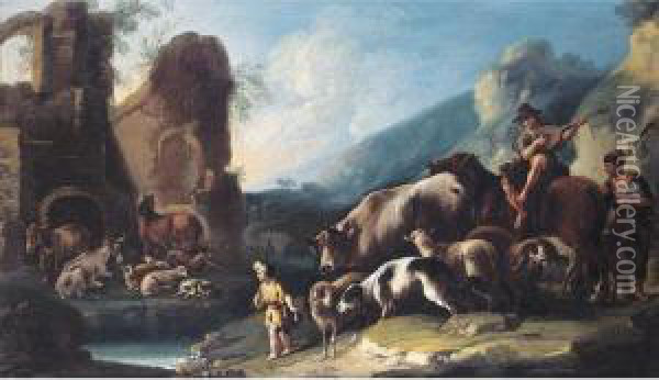 An Italianate Landscape With Herders And Their Animals Oil Painting - Domenico Brandi