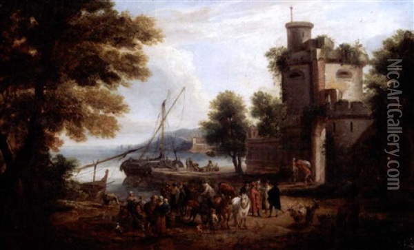 Italianate Harbour Scene With Figures On The Quay Before A Town's Walls Oil Painting - Mathys Schoevaerdts
