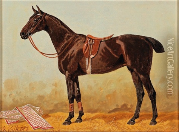 Bay In The Stable With Saddlecloth Oil Painting - Emil Volkers