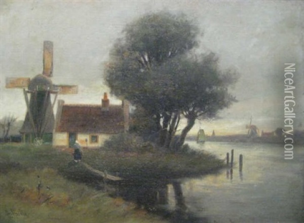 Dutch Cottage With Windmill Oil Painting - George Linton Herdle