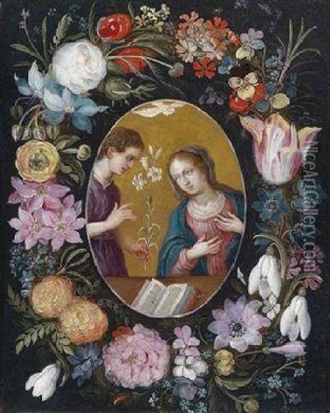 Annunication To The Virgin Within A Wreath Of Flowers Oil Painting - Jan Brueghel the Younger