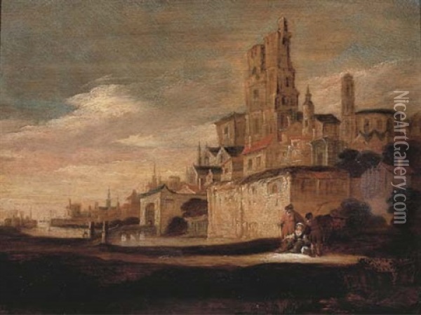 A View Of A Town With Figures Resting Outside The Town Wall Oil Painting - Lambert Doomer