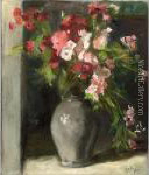 Pink Flowers In A Grey Vase Oil Painting - Ans Van Den Berg