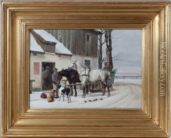 Horsedrawn Sled Outside An Inn Oil Painting - Simon Simonsen