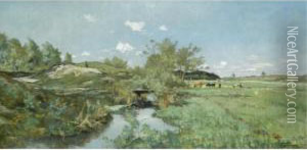 River Landscape Outside Genk Oil Painting - Joseph Theodore Coosemans