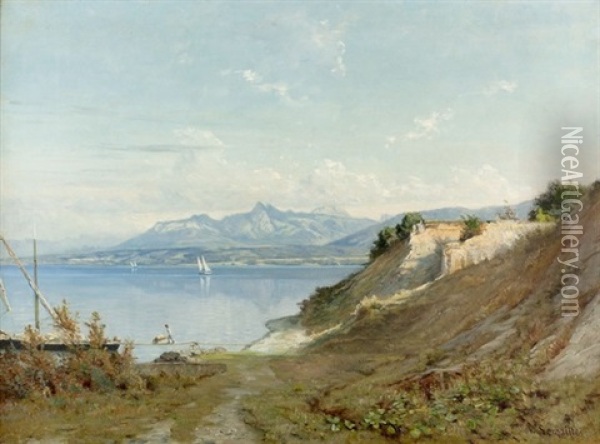 Sonnige Uferpartie Am Genfersee Oil Painting - Nathanael Lemaitre