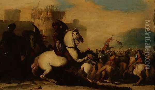 A Cavalry Engagement Outside a Fort Oil Painting - Giacomo Cortese (see COURTOIS, Jacques)
