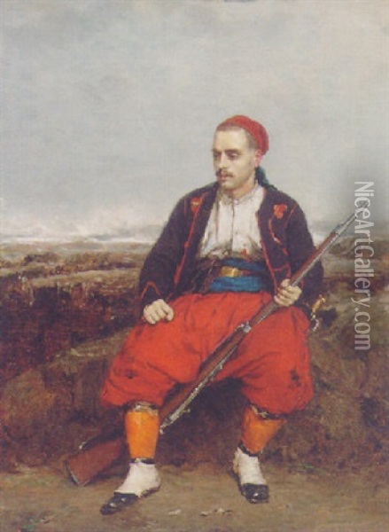 An Armed Soldier Seated Oil Painting - Isidore Alexandre Augustin Pils