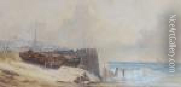 Figure And Fishing Boats On The Beach Oil Painting - William Callow