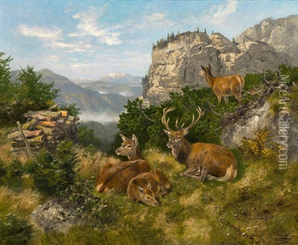 Resting Stags Oil Painting - Josef Schmitzberger