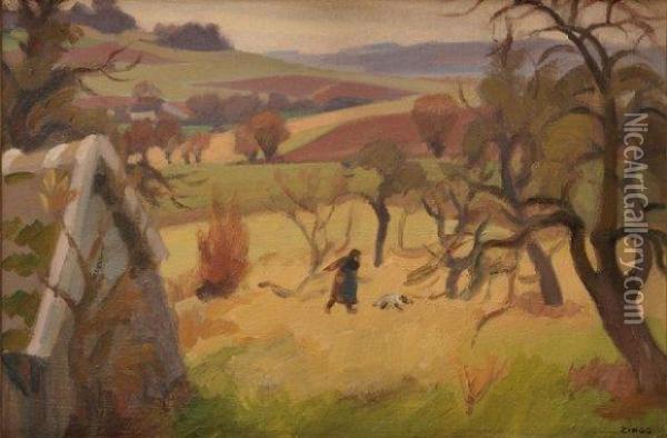 Promeneur Et Son Chien Dans Un Paysage D'automne Oil Painting - Jules Emile Zingg
