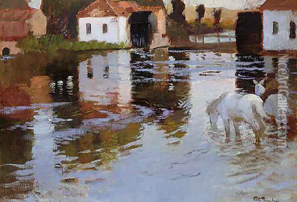 Horses Watering at the Bridge at Montreiul sur Mer, Normandy Oil Painting - Fritz Thaulow