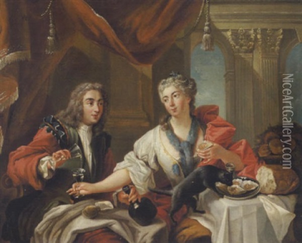 Galant Scene Med Herre Og Dame, Der Spiser Osters Og Drikker Vin Oil Painting - Antoine Pesne