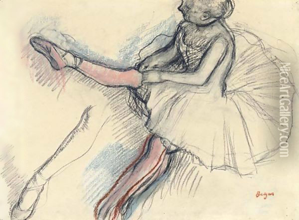 Danseuse Rajustant Son Collant Oil Painting - Edgar Degas