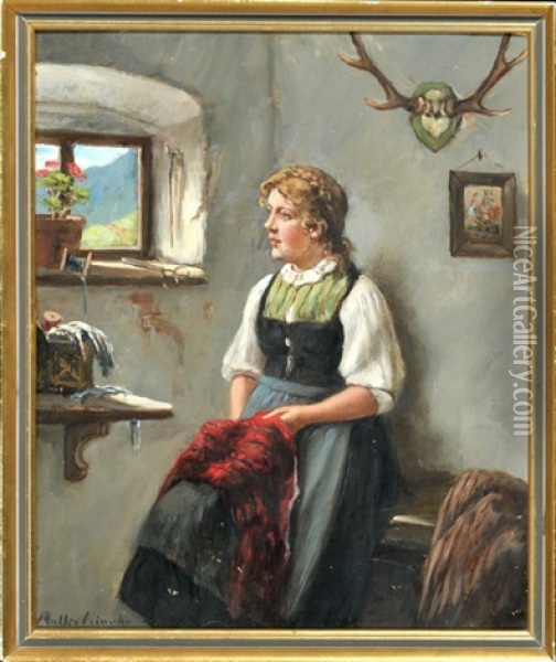 Bauernmagd Bei Der Naharbeit In Kammer Oil Painting - Albert Mueller-Lingke