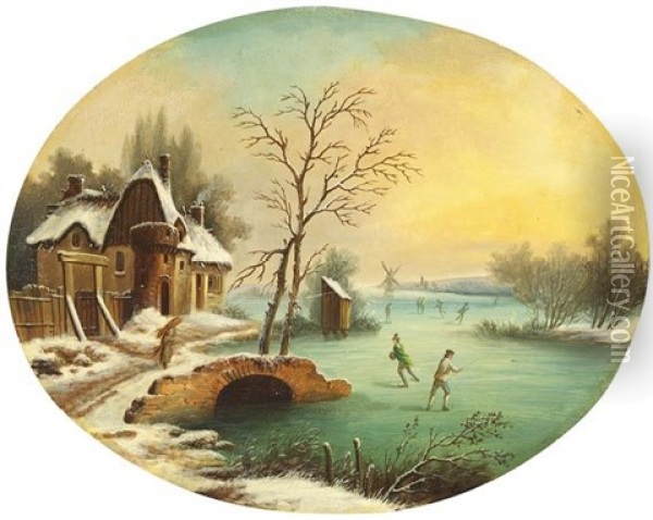 Schlittschuhlaufer In Winterlicher Landschaft Oil Painting - Hendricus Spilman